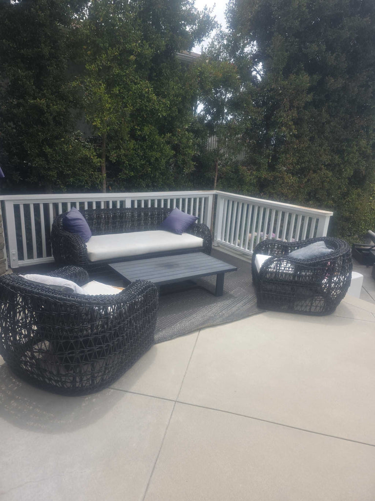 Outdoor Wicker Patio Furniture Set - Sofa, 2 Chairs, Alegria Coffee Table & Cushions