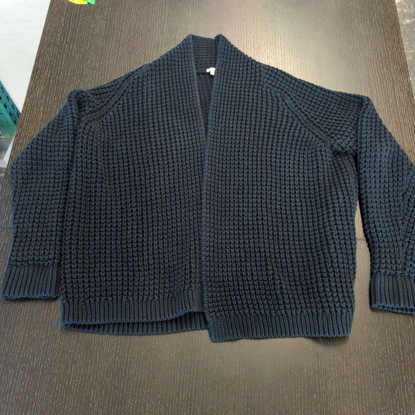 1. Women's dark blue textured knit cardigan by Gap, laid flat to show overall front design and sleeves.