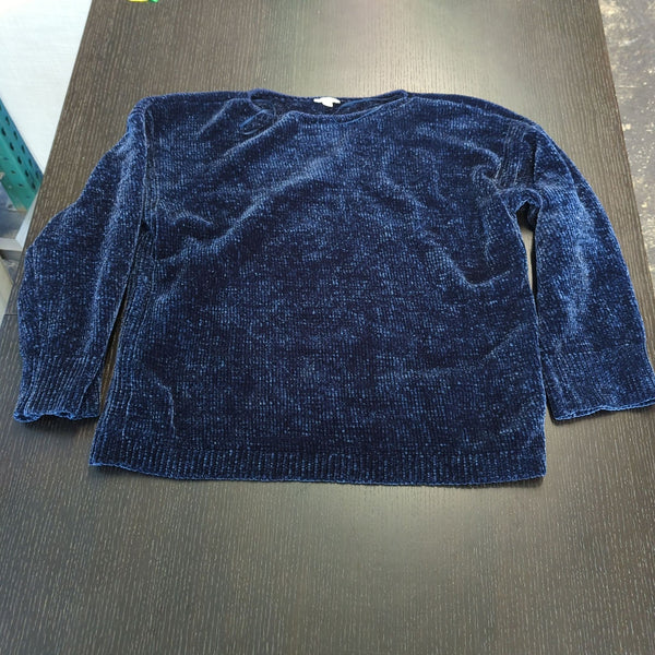 1. Purejil womens blue velour long-sleeve sweater laid flat on a dark wooden surface, showing full front view.  