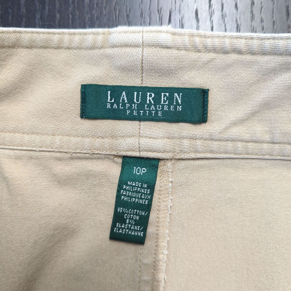 2. Close-up of Ralph Lauren Petite label and 10P size tag on beige women's skirt, showing fabric composition.