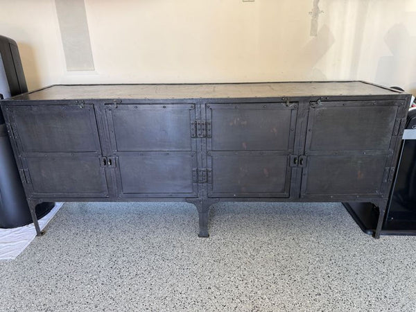 Restoration Hardware sideboard with six doors, dark metal frame, and industrial modern style in good used condition.