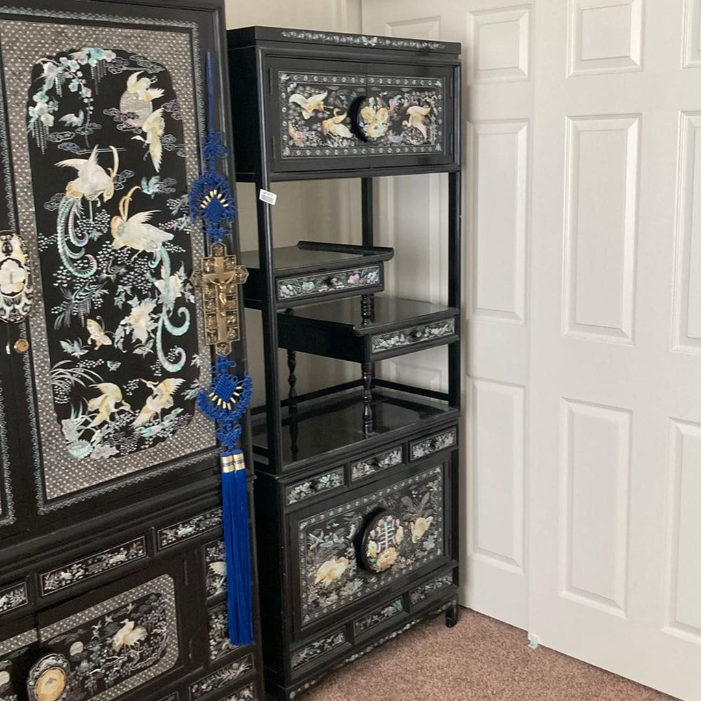 Elegant Black Lacquered Bookshelf with Mother of Pearl Inlay