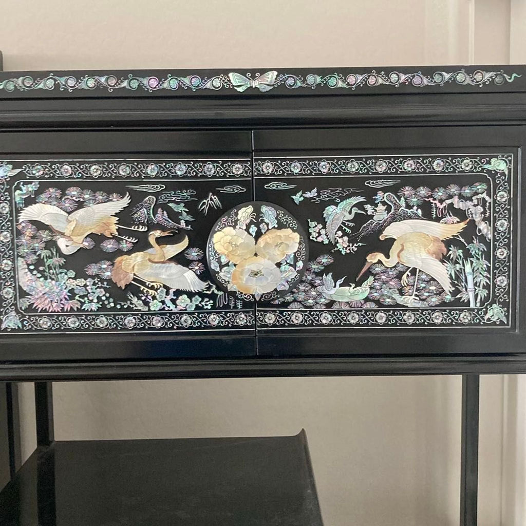 Elegant Black Lacquered Bookshelf with Mother of Pearl Inlay