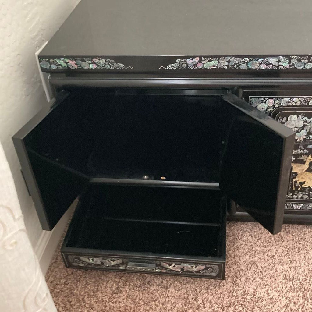 Black Lacquer Dresser with Mother of Pearl Inlay and Asian Inspired Design
