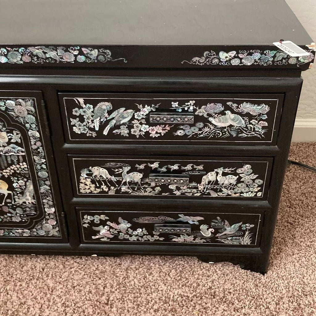 Black Lacquer Dresser with Mother of Pearl Inlay and Asian Inspired Design