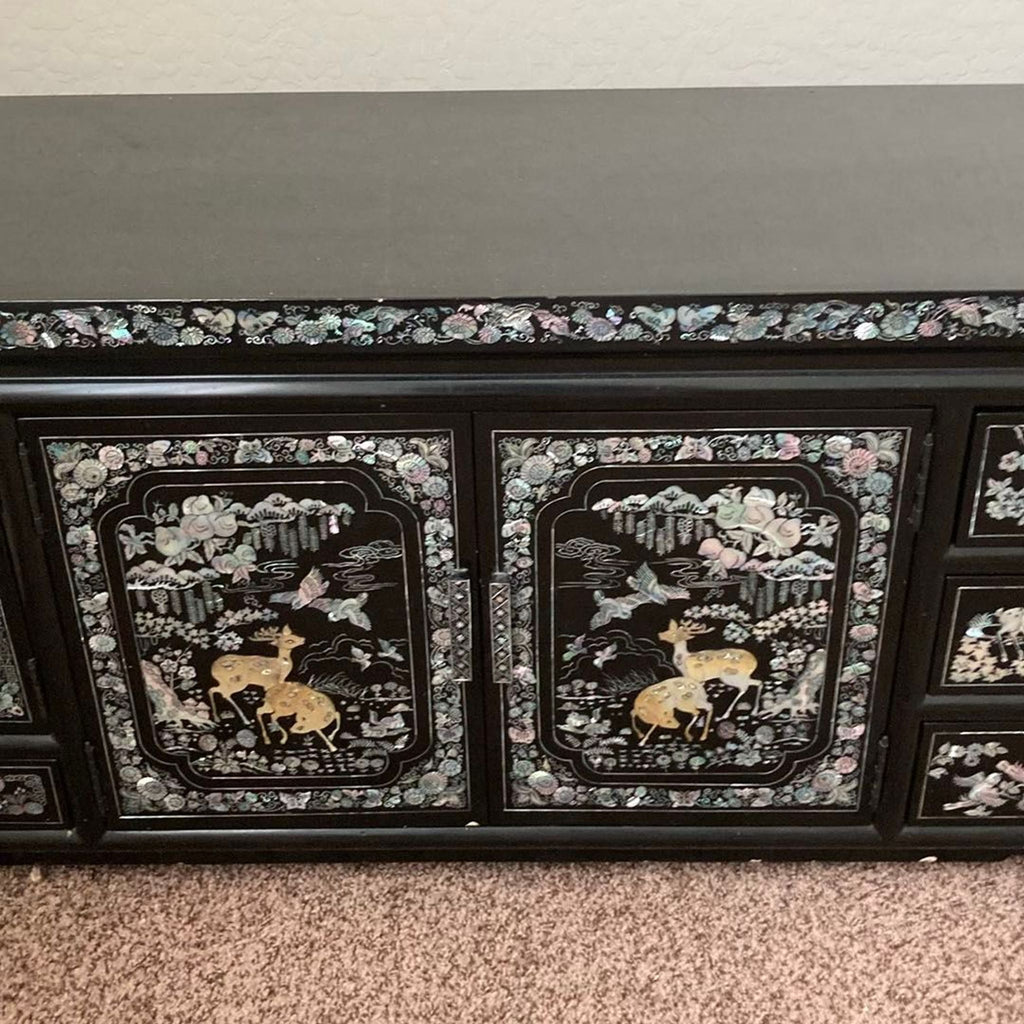Black Lacquer Dresser with Mother of Pearl Inlay and Asian Inspired Design