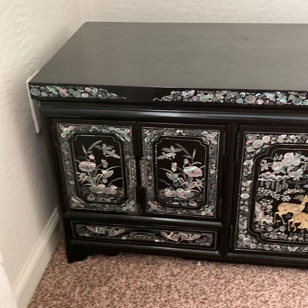 Black Lacquer Dresser with Mother of Pearl Inlay and Asian Inspired Design