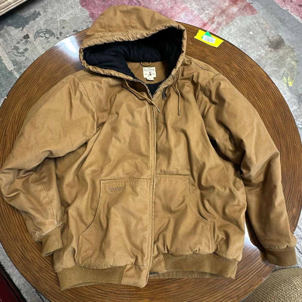 1. Brown men's hooded jacket with front pockets from RedHead Brand Co., displayed on a wooden table.