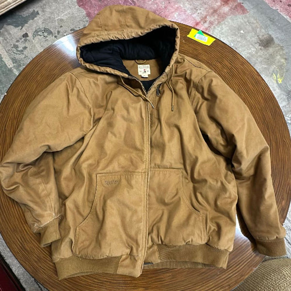 1. Brown men's hooded jacket with front pockets from RedHead Brand Co., displayed on a wooden table.