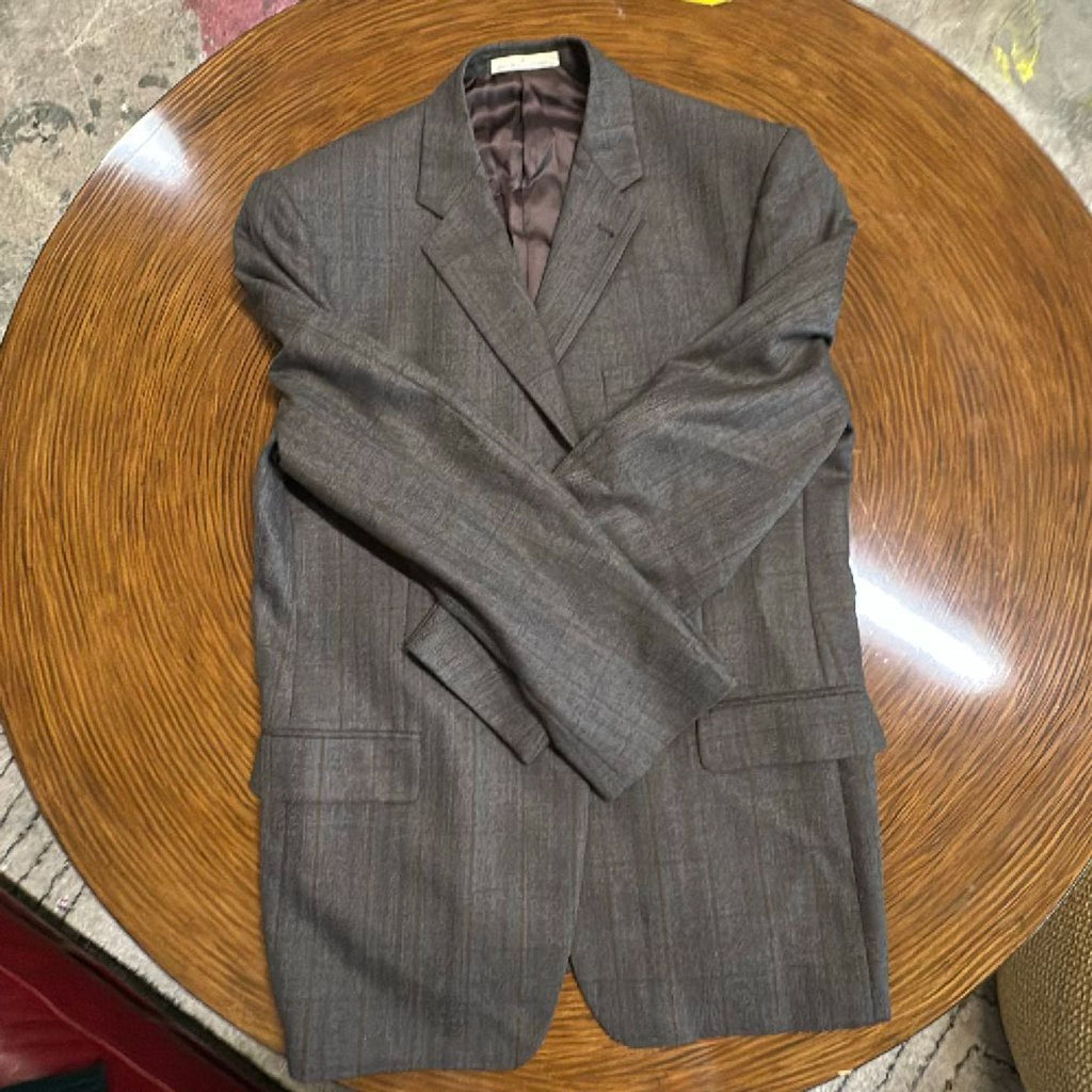 1. A gray Joseph Abboud men's suit jacket with a subtle plaid pattern, displayed on a round wooden table.