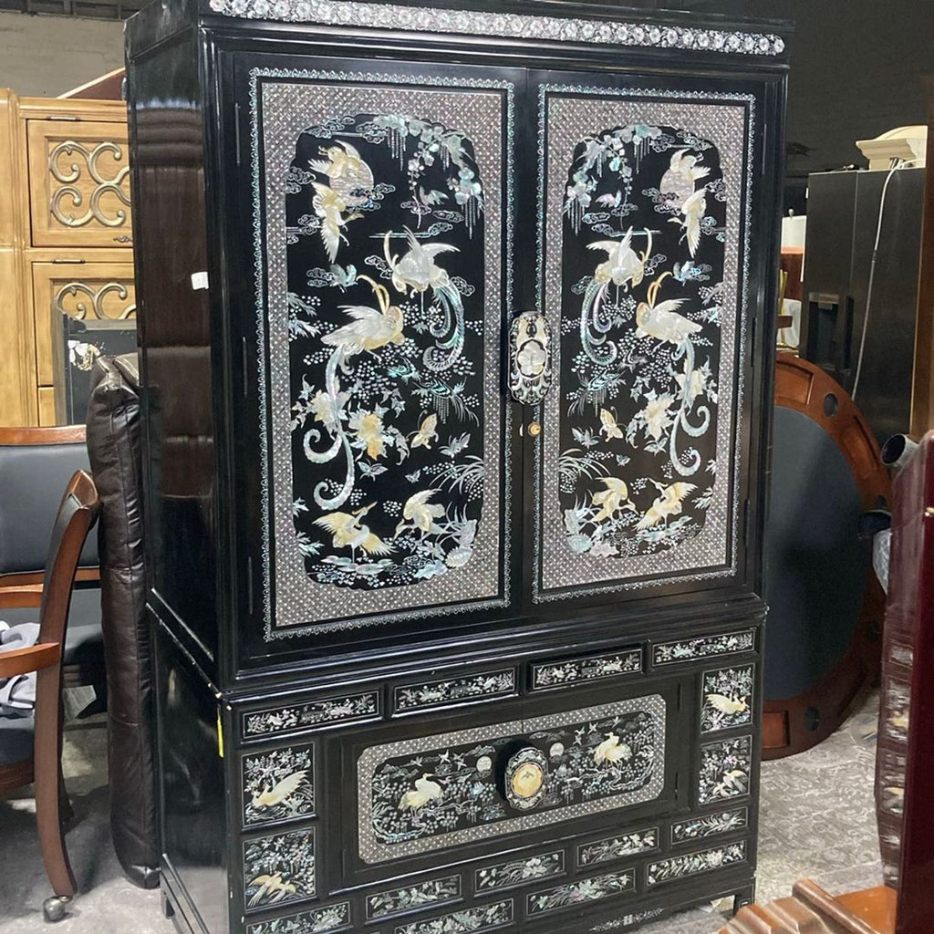 Elegant Black Asian Cabinet with Mother of Pearl Inlay and Crane Design