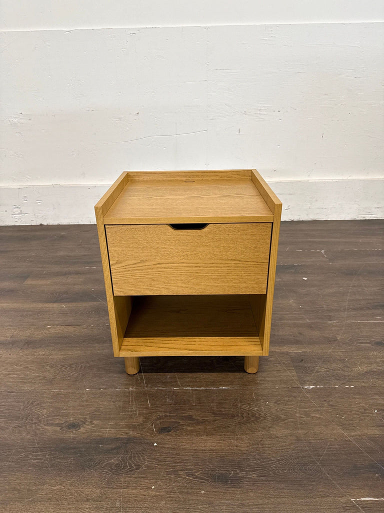Modern Burrow end table crafted from engineered wood with a sleek oak-finish ash veneer top.