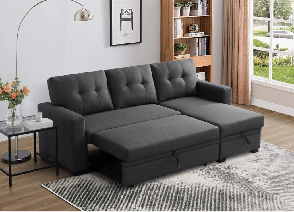 LUNA reversible sectional in dark gray chenille, showing pull-out trundle bed and chaise with hidden storage.  