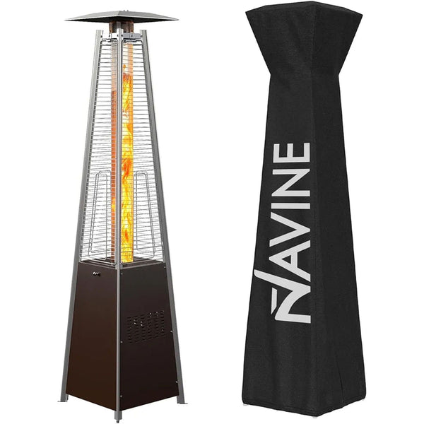 Tall, pyramid-style Navine patio heater with wide reflector top and sturdy square base, includes protective cover.  