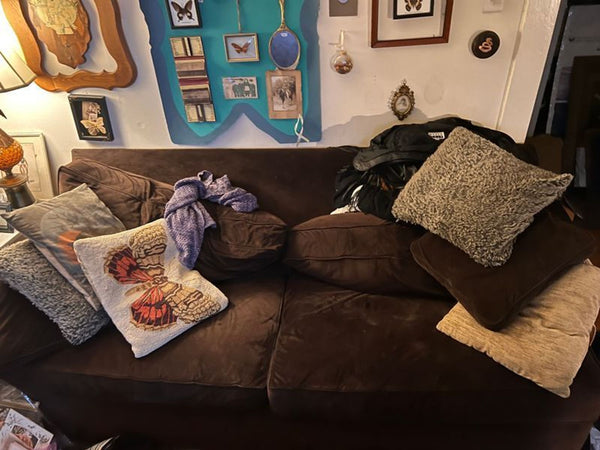 1. Brown 3-seat Macy’s sofa in a cozy room with patterned pillows and wall art decorations behind it.