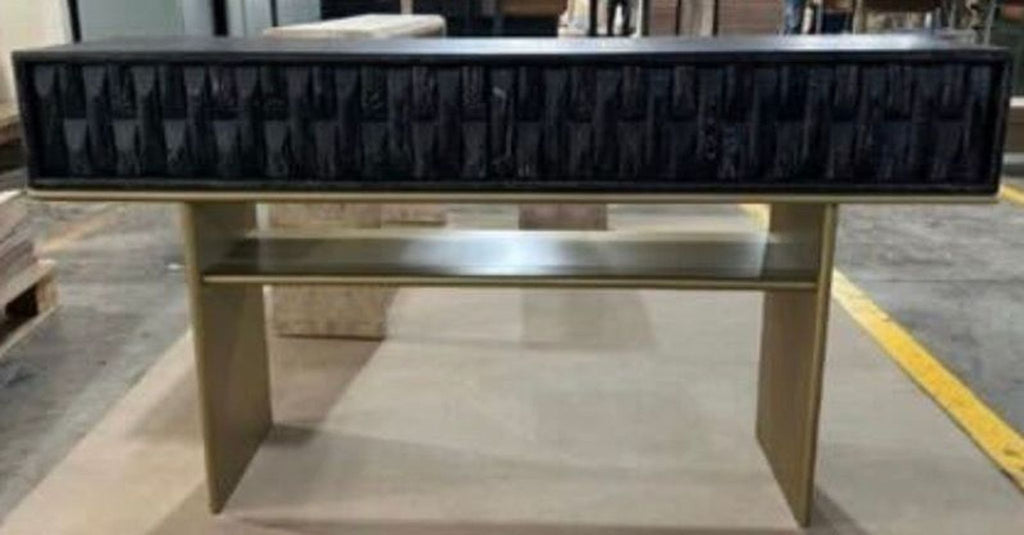 Sleek black and gold Luxe side console table with bold textures and practical storage, ideal for modern interiors.