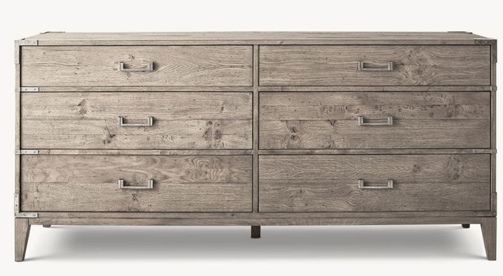 1. Restoration Hardware dresser with light wood finish, six drawers, and metal handles in a modern design.