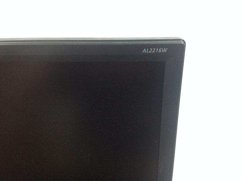 Corner view of the Acer monitor screen displaying model number AL2216W on the bezel.