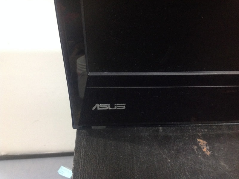 2. Close-up of the lower left corner of an Asus monitor, showing the silver Asus brand logo.