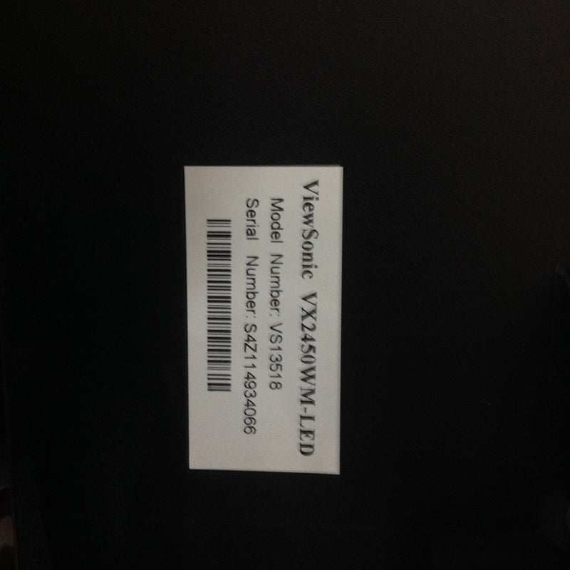 Label on the back of a ViewSonic VX2450WM-LED monitor displaying model and serial numbers.