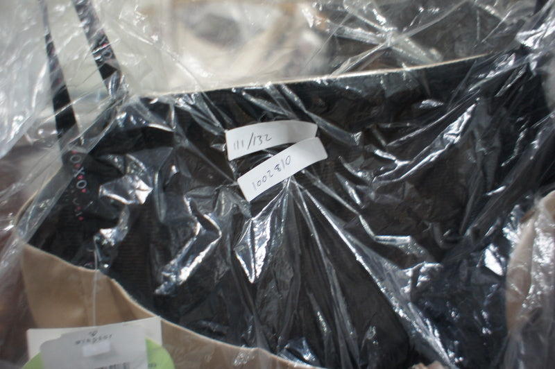 2. Close-up of Reperch women's champagne lace dress, size 3, labeled and protected in clear plastic.