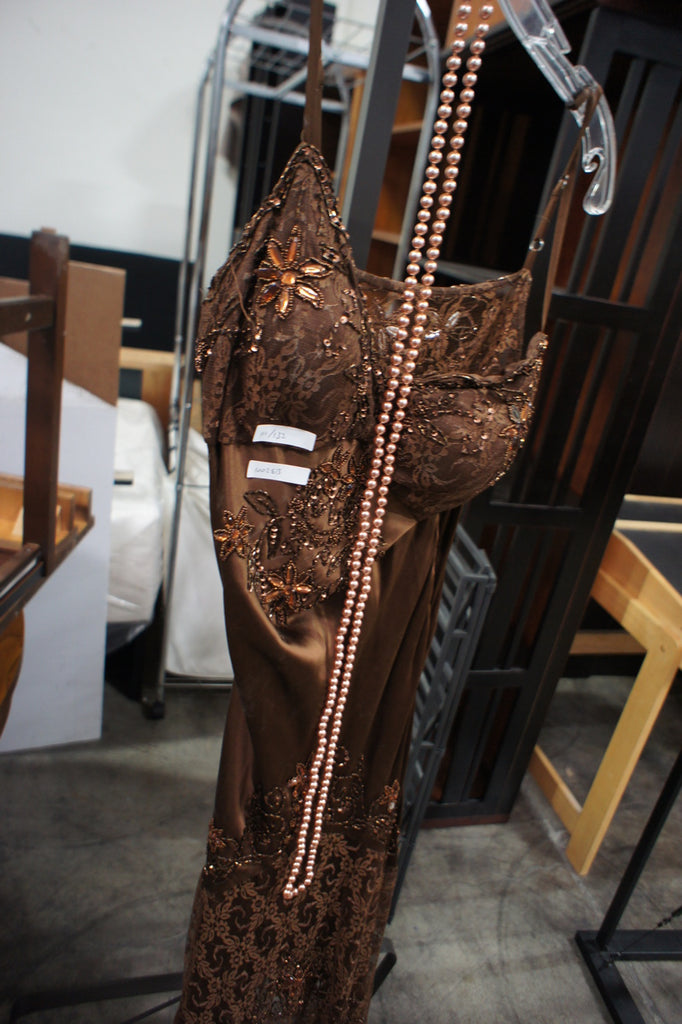 Bicici Brown Lacy Dress with Long Pearl Necklace