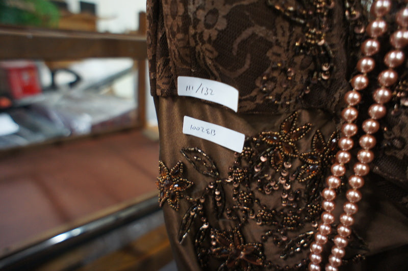 Bicici Brown Lacy Dress with Long Pearl Necklace