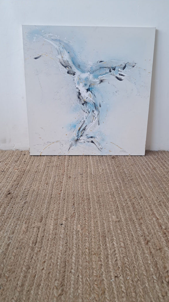 1. Abstract Reperch painting featuring swirling blue, white, and gray brushstrokes on a 36x36 canvas.