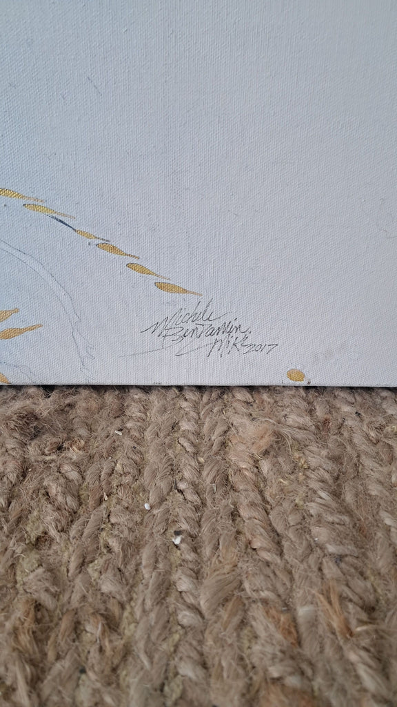 3. Close-up of the painting shows artist’s signature in the lower corner, with delicate gold accents visible.