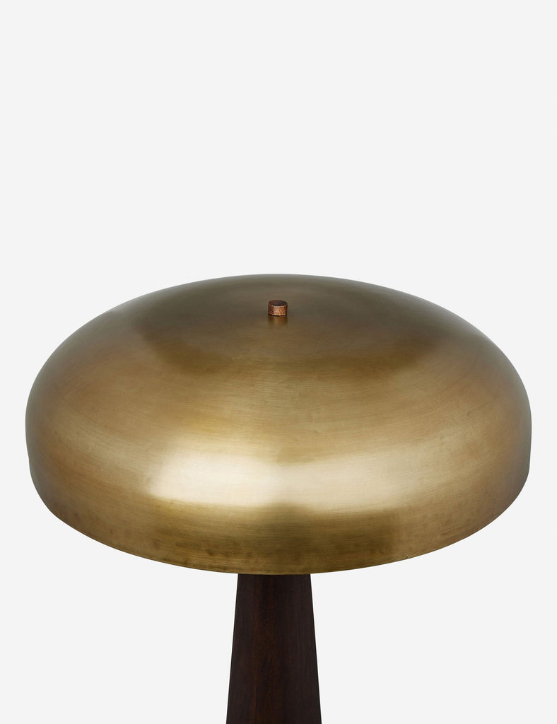 2. Close-up of the Reperch table lamp, highlighting its smooth, gold dome-shaped shade and dark base.