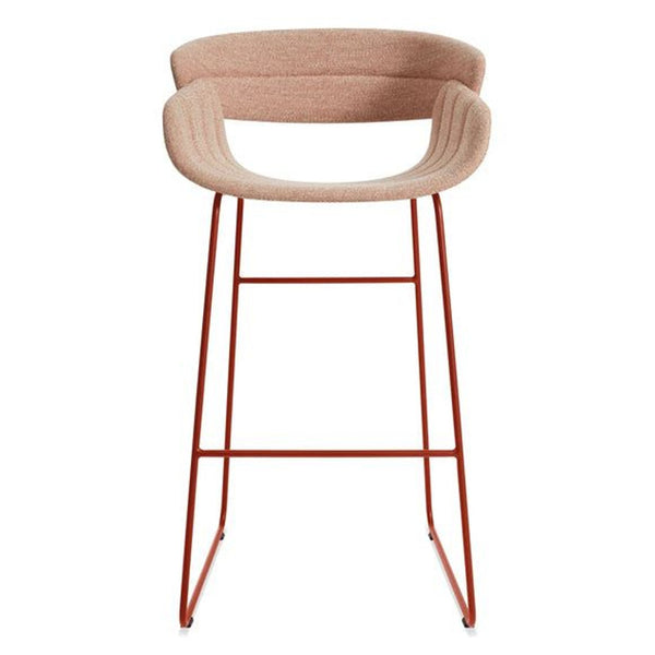 1. Modern Reperch stool with a curved upholstered seat and slim orange metal legs, viewed from the front.