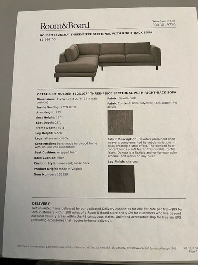 2. Product details sheet for a Room&Board Holden 3-piece sectional, describing dimensions, materials, and fabric swatch.  
