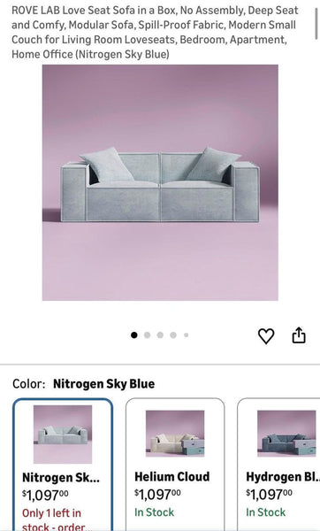 1. Nitrogen Sky Blue M1 2 Seater Loveseat with soft blue upholstery and slim wooden legs, modern design.  