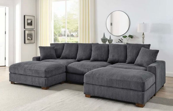 1. OAH Furniture 3-seat sectional sofa in grey corduroy, arranged in a modern, bright living room.  