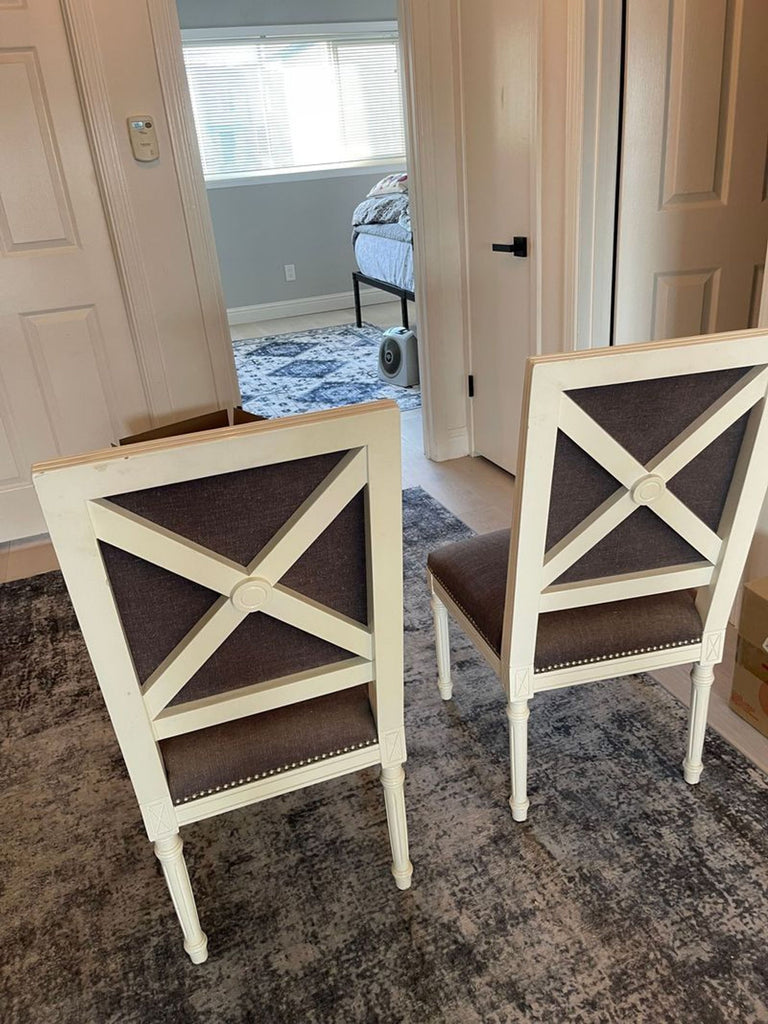 Gray linen white chairs
Back of Jonathan Adler chairs