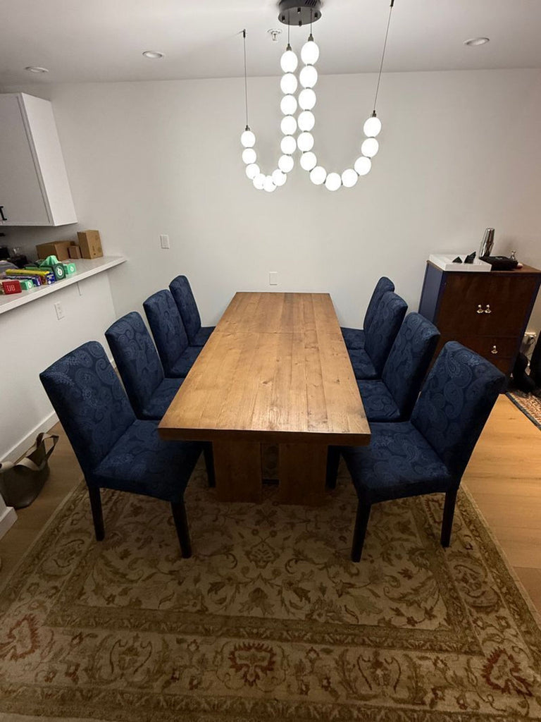84" Pottery Barn Table, with a 16" leaf, seats 8.

8 Ikea high back dining chairs, slipcovers can be changed.
84" Pottery Barn Table, with a 16" leaf, seats 8.

8 Ikea high back dining chairs, slipcovers can be changed.
84" Pottery Barn Table, with a