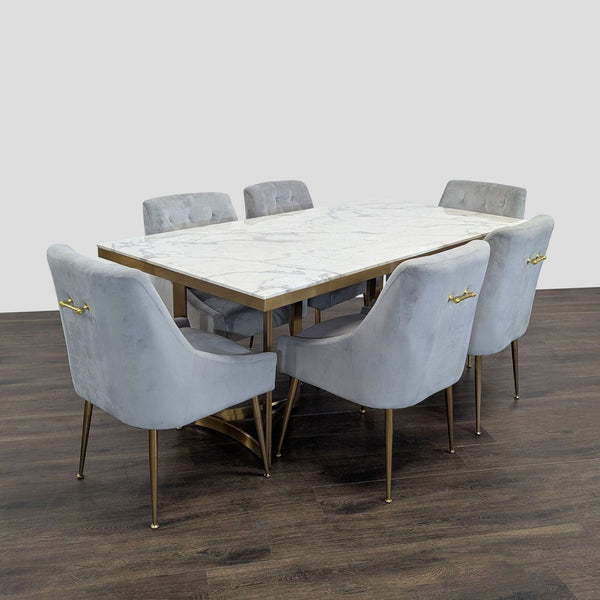 Wayfair 7-piece dining set featuring a marble-look table with gold base and six gray velvet chairs.