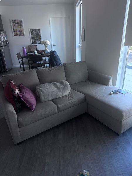 1. Light grey 3-seat Couch brand sofa with chaise, decorated with pillows and blanket in a modern living room.