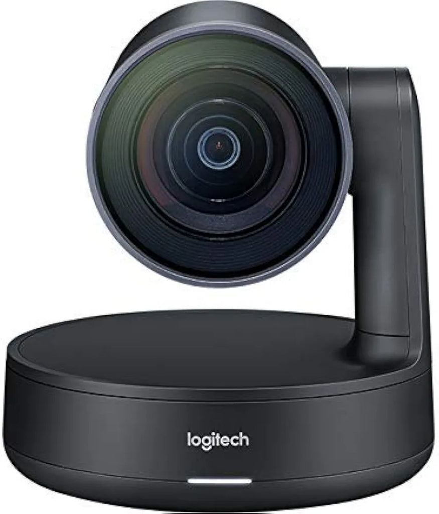 Logitech HD conference camera with remote for pan, tilt, and zoom, designed for professional meeting spaces.