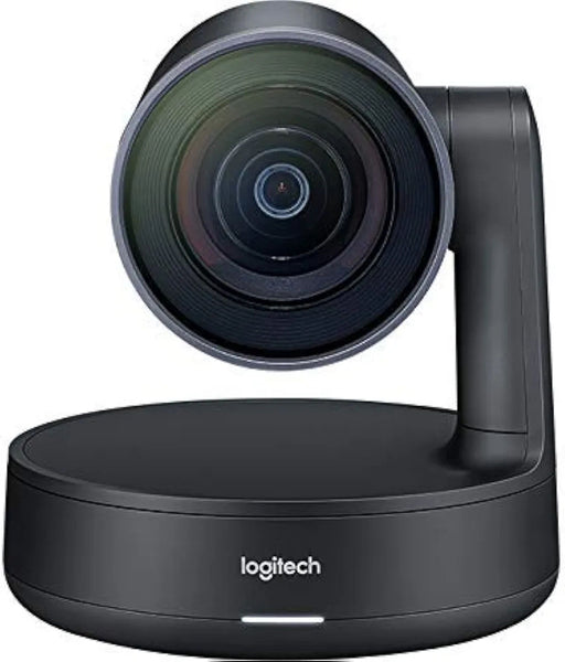 Logitech HD conference camera with remote for pan, tilt, and zoom, designed for professional meeting spaces.
