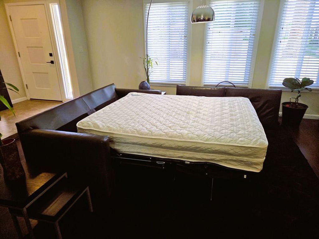 A Crate & Barrel sleeper sofa with an unfolded mattress in a bright living room with large windows.  