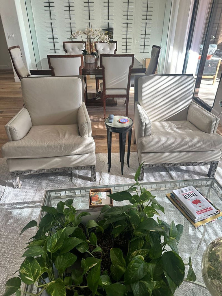 a pair of chairs in a living room with a coffee table and a plant.