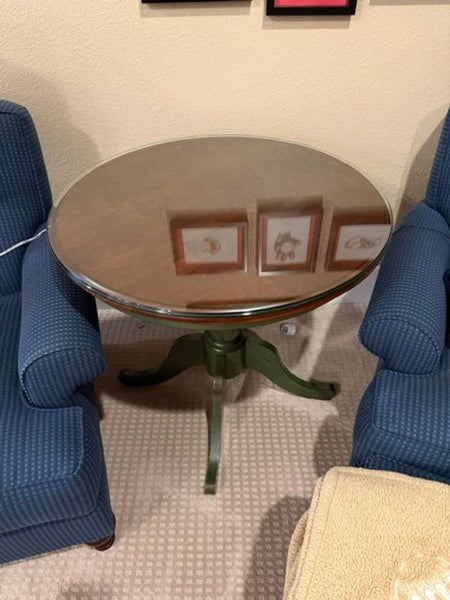Of course! However, I don't see any images or specific descriptions attached to your message. If you could please upload the images or share relevant details about the end table, I can write three distinct alt text descriptions as requested.