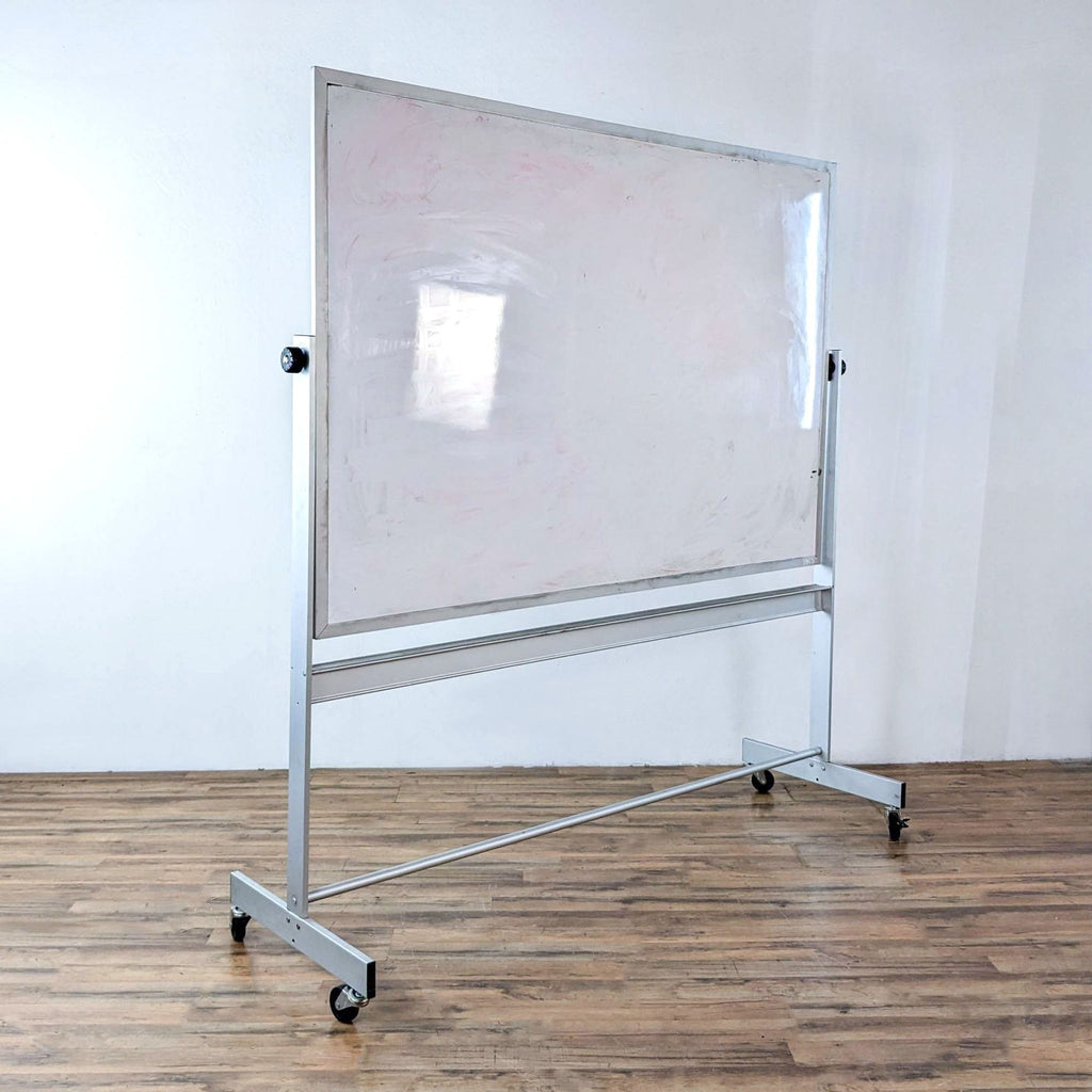 Side angle of a mobile dry erase board, with robust frame.