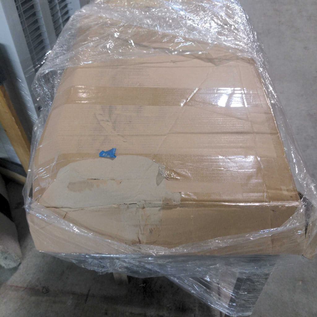1. Cardboard box with clear plastic wrap, containing a Side & Console Table, taped and ready for shipping.