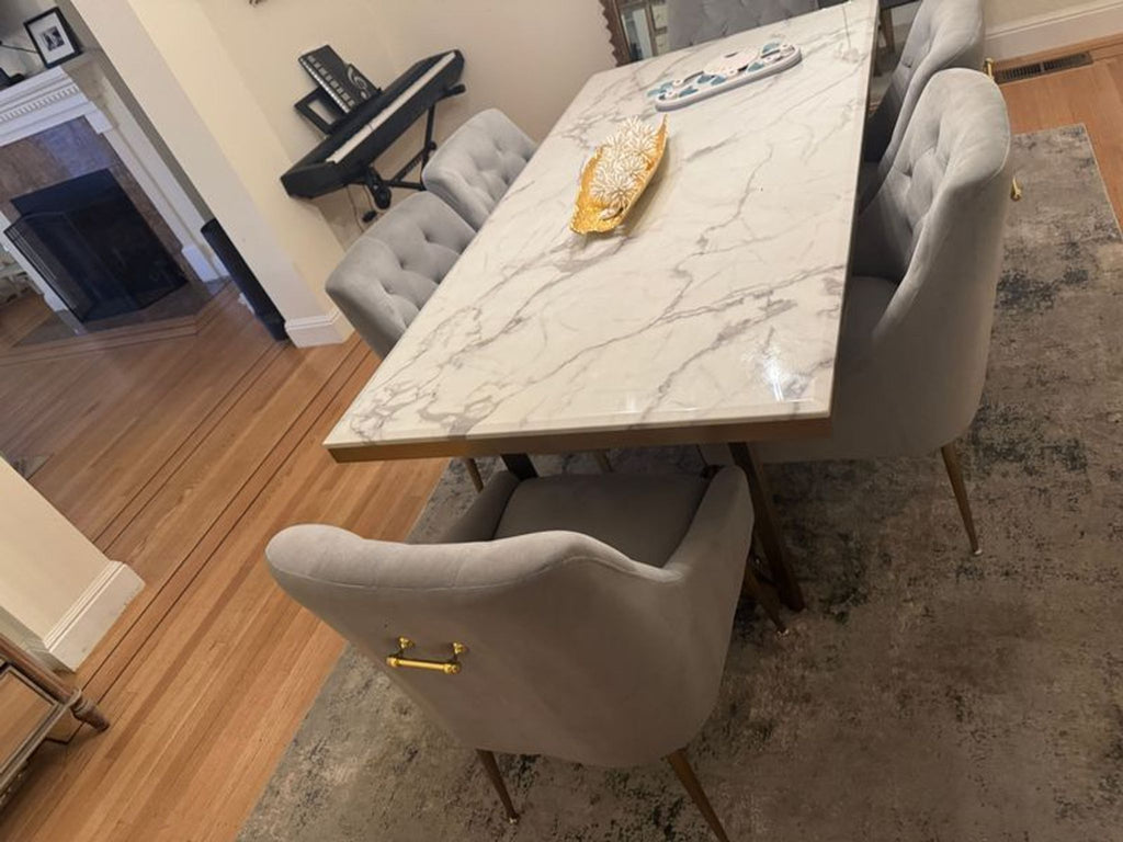 Elegant marble table and chairs dining set by Wayfair for modern dining rooms.  