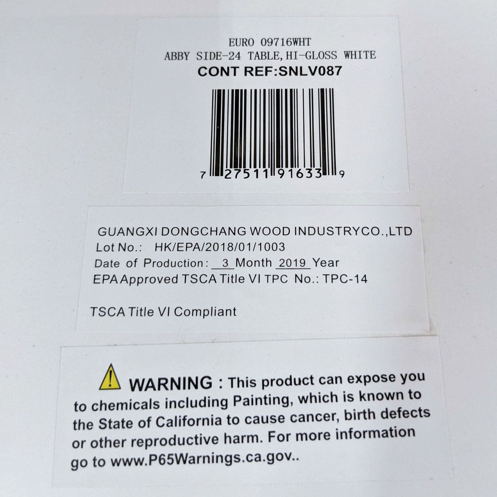 Label for Reperch End Table, production info, and safety warning.