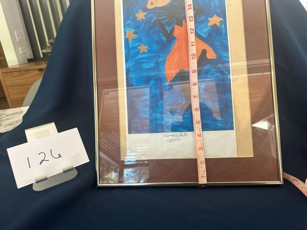 Alma White – Cosmic/Celestial Figure with Stars and Saturn, Signed & Dated 2002

Framed original painting on a deep cobalt blue background. Central subject is a silhouetted dark figure wearing a vivid orange/red flowing cape or garment. Gold 6-pointe