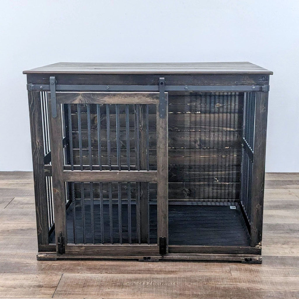 Wooden pet crate by B&B Kustom Kennels with a sturdy design and bars.