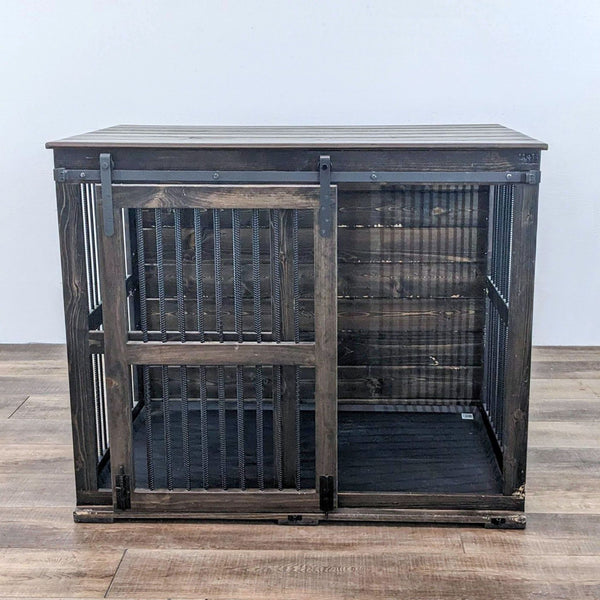 Wooden pet crate by B&B Kustom Kennels with a sturdy design and bars.